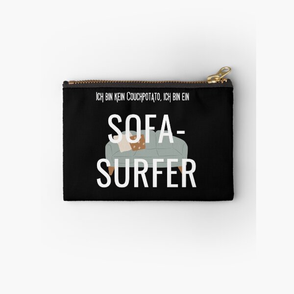 Item preview, "Ich bin kein Couchpotato, ich bin ein Sofa-Surfer" (I'm not a couch potato, I'm a sofa surfer) with couch in bold designed and sold by RM-Journey.