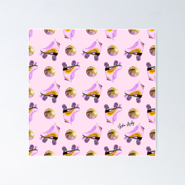 Aperçu de l'œuvre Roller skates disco ball pattern pastel yellow- pink background créée et vendue par Studio Lydia Lovely.