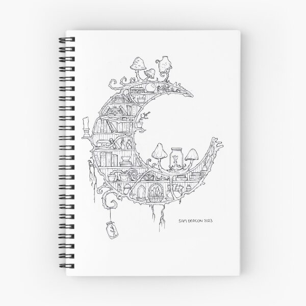 Aperçu de l'œuvre Bibliothèque Moon Fantasy Artwork (Illustration à l'encre d'art) créée et vendue par Sam Deacon Art.