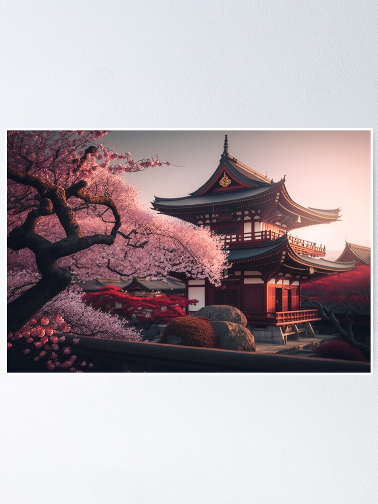 Cherry Blossom Serenity: A Stunning Japanese Temple with a Blossoming Tree  | Poster