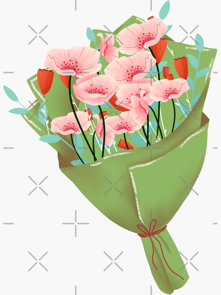 Green wrapping paper pink flower bouquet watercolor illustration Sticker  for Sale by UnaWu533