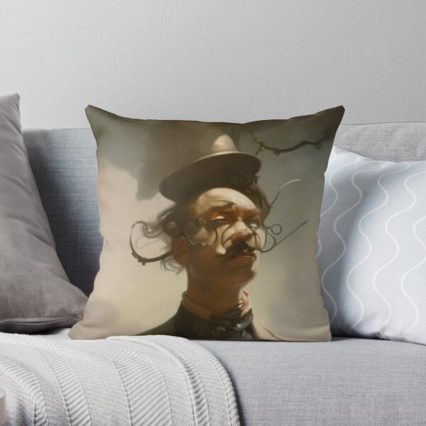 surrealism Salvador Dali matte background melting oil on canvas steampunk engine sinister by Greg Rutkowski head and shoulders portrait Throw Pillow