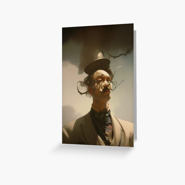 surrealism Salvador Dali matte background melting oil on canvas steampunk engine sinister by Greg Rutkowski head and shoulders portrait Greeting Card