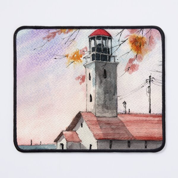 Item preview, Watercolor lighthouse on the green hill with the sea in the background designed and sold by MaryWatercolor.