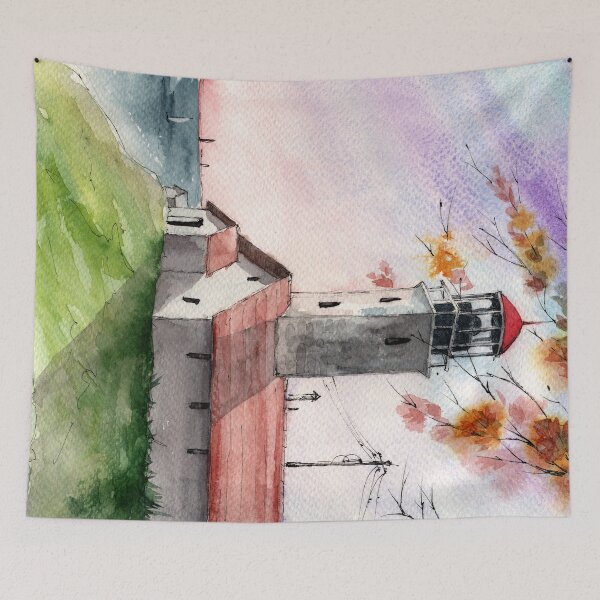 Item preview, Watercolor lighthouse on the green hill with the sea in the background designed and sold by MaryWatercolor.