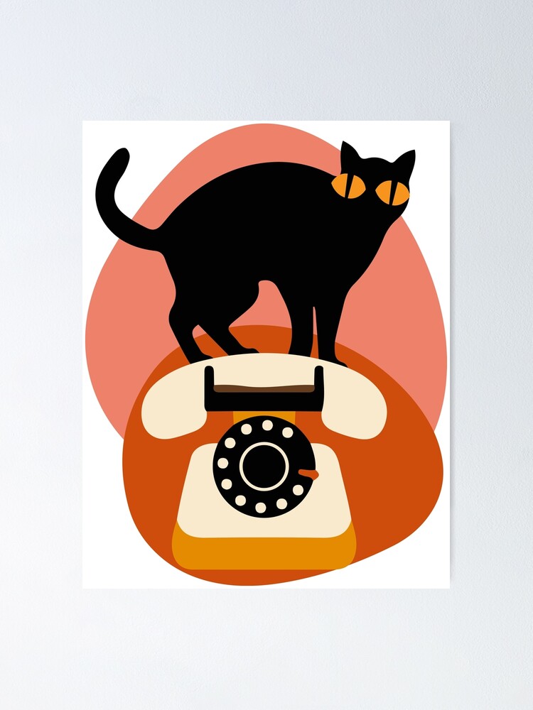 Cat with retro telephone icon, Cute and funny vintage color