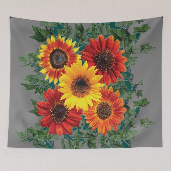 Item preview, YELLOW-RED SUNFLOWERS IVY VINES GREY ART   designed and sold by sharlesart.