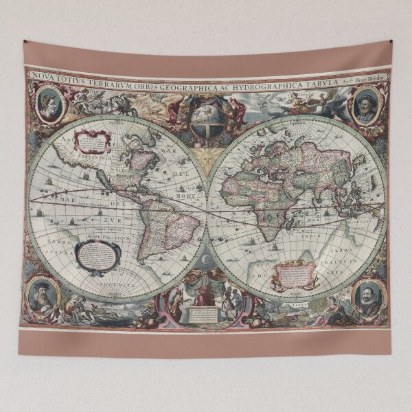 Item preview, Decorative Baroque World Map | A Masterpiece of Dutch Cartography, Adorned with Whimsical Illustrations and Mythical Scenes designed and sold by Strad Digital ART.