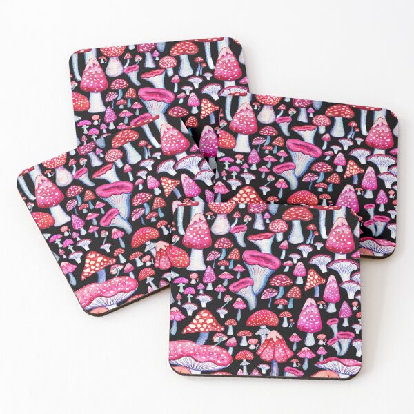 Item preview, Pink and red mushrooms on black designed and sold by MagentaRose.