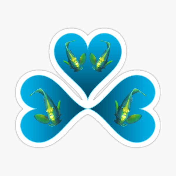 Kaiserfisch | Drei Herzen in Blau für einen Fisch in Bewegung | Weißer Hintergrund | Sticker