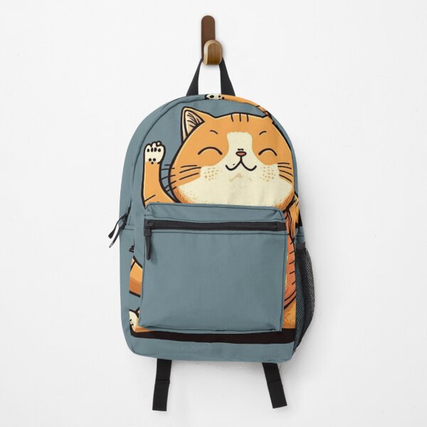 Item preview, Orange cartoon cat doing yoga, grey blue background designed and sold by NxtGenArt.