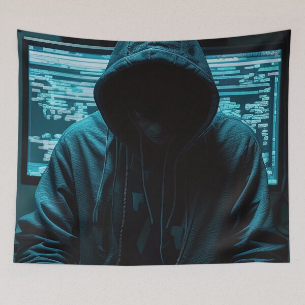 Item preview, Blackhat hacker wearing hoodie behind laptop designed and sold by RK - Shop.