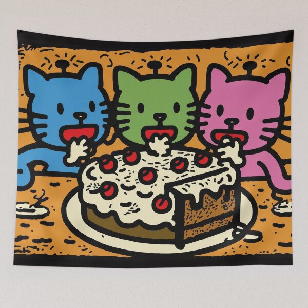 Item preview, Cute cats eating cake, blue yellow green pink designed and sold by NxtGenArt.