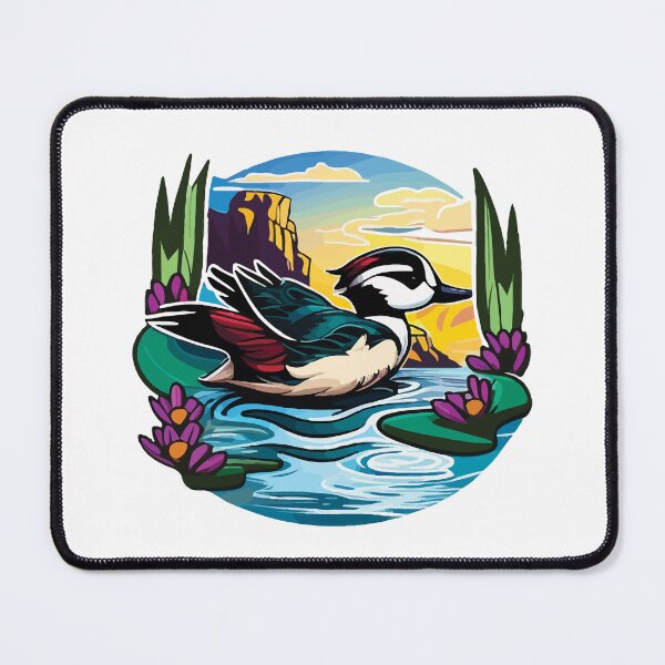 Item preview, Cute Bufflehead on a Sunrise Lake with Lotus Flowers designed and sold by Vector-nook.