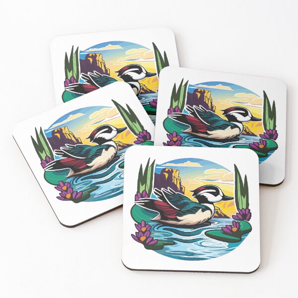 Item preview, Cute Bufflehead on a Sunrise Lake with Lotus Flowers designed and sold by Vector-nook.