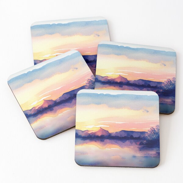 Item preview, Sunrise artwrok with puprle blue pink watercolor painting designed and sold by adlydesigns.