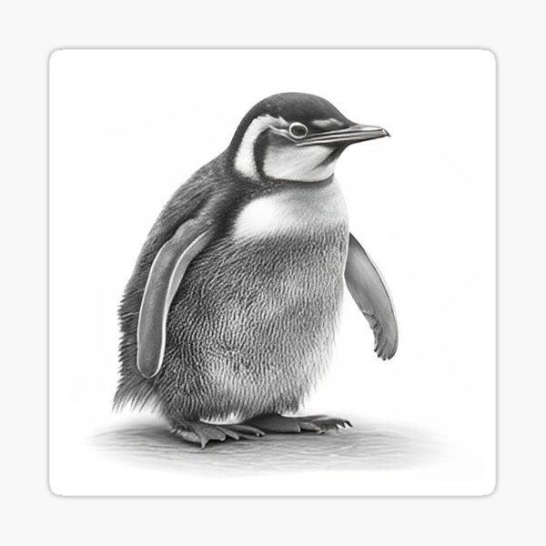 A Penguin Walking Is Depicted In This Realistic Hyper-detailed Drawing. The  Penguin Is Rendered In Light Gray And Black, Creating A Lifelike Portrait.  The Low-angle Perspective Adds Depth To The Image, While