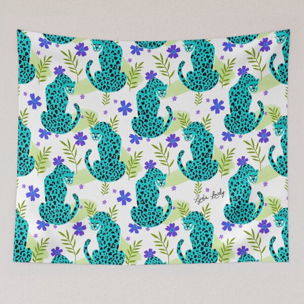 Artikelvorschau, Jaguar looking back pattern teal- white background entworfen und verkauft von Studio Lydia Lovely.