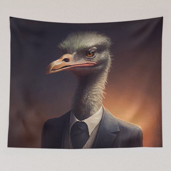 Item preview, An elegant ostrich in a blue and grey suit designed and sold by MyHunkyDoryShop.