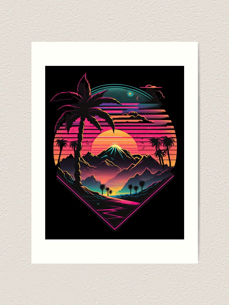 Synthwave 80s neon sunset mountain view