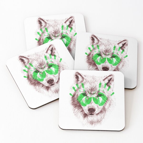 Item preview, Wolf portrait in transparency - colorized brown-red version and green handprints designed and sold by SylvieG18.