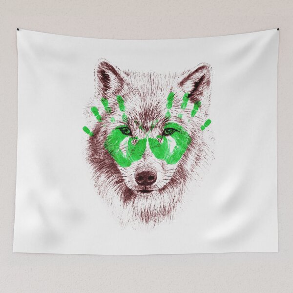 Item preview, Wolf portrait in transparency - colorized brown-red version and green handprints designed and sold by SylvieG18.