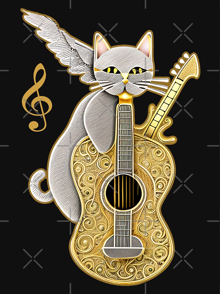Disover Cat with wings and gold guitar | Essential T-Shirt 