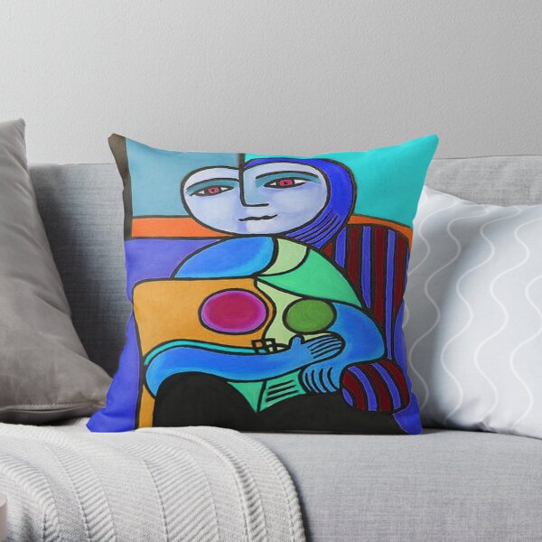 Blue Lady Sitting Modern Art Throw Pillow