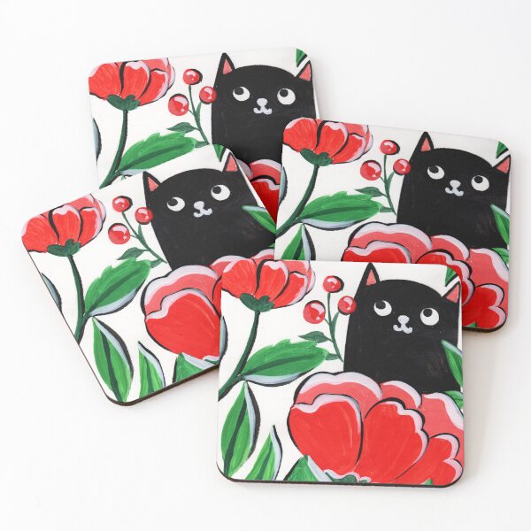 Item preview, Black cat with beautiful red flowers designed and sold by pinkyfish1010.