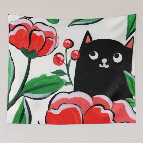 Item preview, Black cat with beautiful red flowers designed and sold by pinkyfish1010.