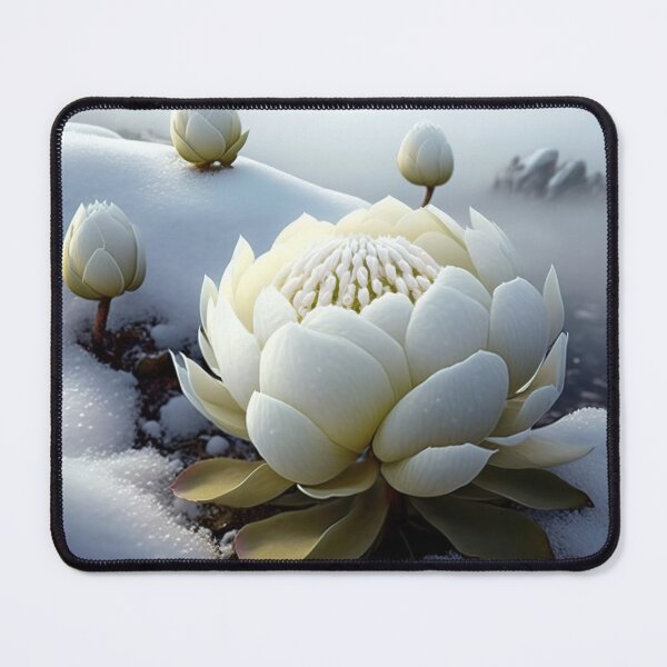 Item preview, white coloured lotus flowers sprouting from the snow mountain landscape 3 designed and sold by jetaiart.
