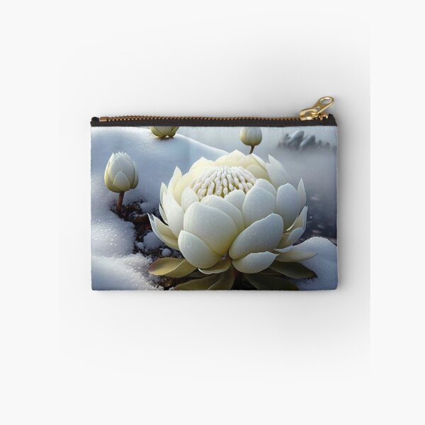 Item preview, white coloured lotus flowers sprouting from the snow mountain landscape 3 designed and sold by jetaiart.