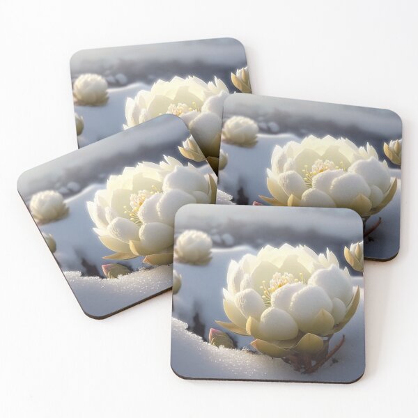 Item preview, white coloured lotus flowers sprouting from the snow mountain landscape 7 designed and sold by jetaiart.