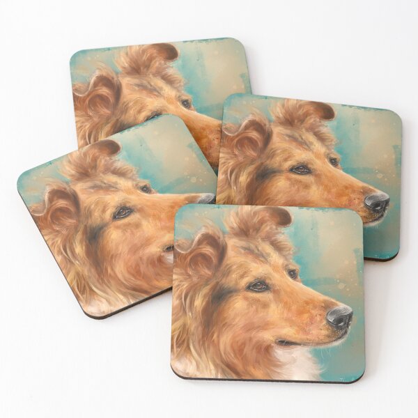 Item preview, Painting of a Gorgeous Blonde Collie Dog on Green Beige Background designed and sold by ibadishi.