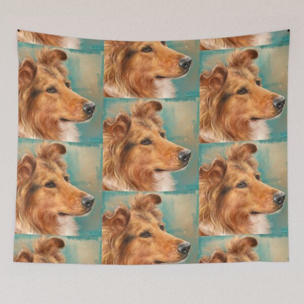 Item preview, Painting of a Gorgeous Blonde Collie Dog on Green Beige Background designed and sold by ibadishi.