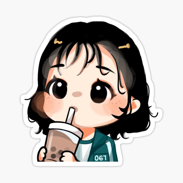 Chibi Squid Game player 067 drinking milk tea Glossy Sticker