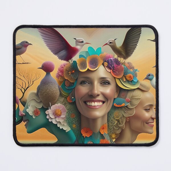 Item preview, Colorful Wonderland: A Surreal Woman Portrait with Birds and Blooms designed and sold by artmanikin.