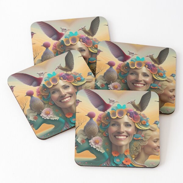Item preview, Colorful Wonderland: A Surreal Woman Portrait with Birds and Blooms designed and sold by artmanikin.