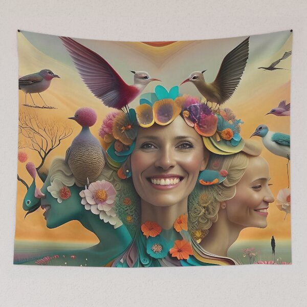 Item preview, Colorful Wonderland: A Surreal Woman Portrait with Birds and Blooms designed and sold by artmanikin.