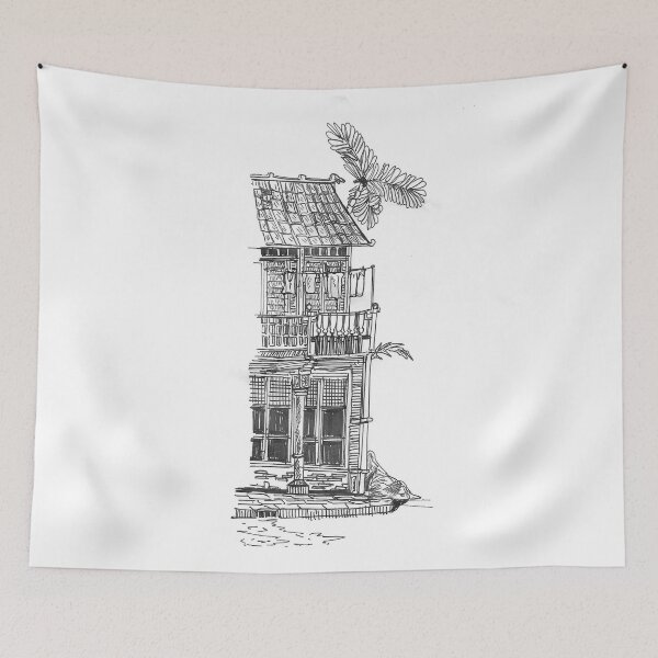 Item preview, Hoi An Vietnam Black Pen and Ink Fineliner Illustration Travel Art designed and sold by Wall-Art-Sketch.