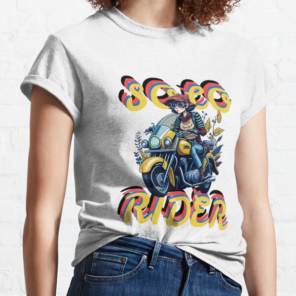 Fahren Sie mit unserem Solo-Fahrer-Cartoon-Motorradmädchen auf die offene Straße Classic T-Shirt