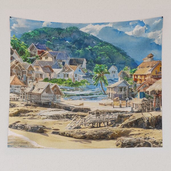 Item preview, Detailed fishers village watercolor painting designed and sold by Nakumis-shop.