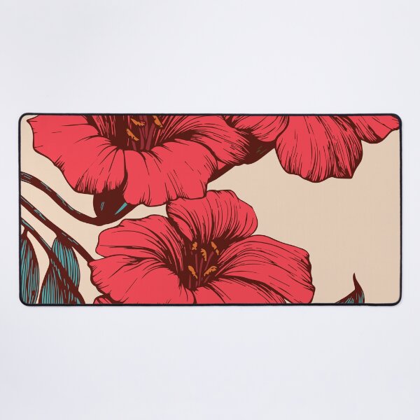 Artikelvorschau, Floral background decorated with gorgeous red blooming flowers and leafy borders,  spring botanical garden flat vector illustration entworfen und verkauft von UnaWu533.