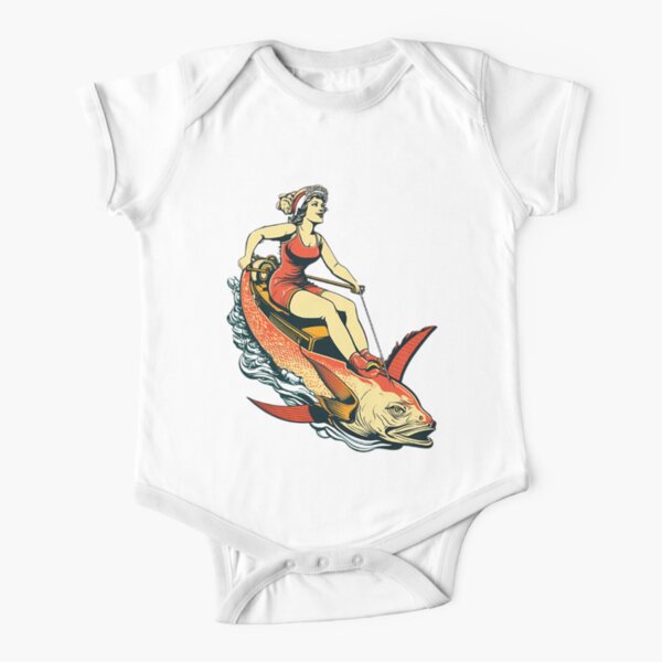 Woman Riding a Salmon in Driva Short Sleeve Baby One-Piece