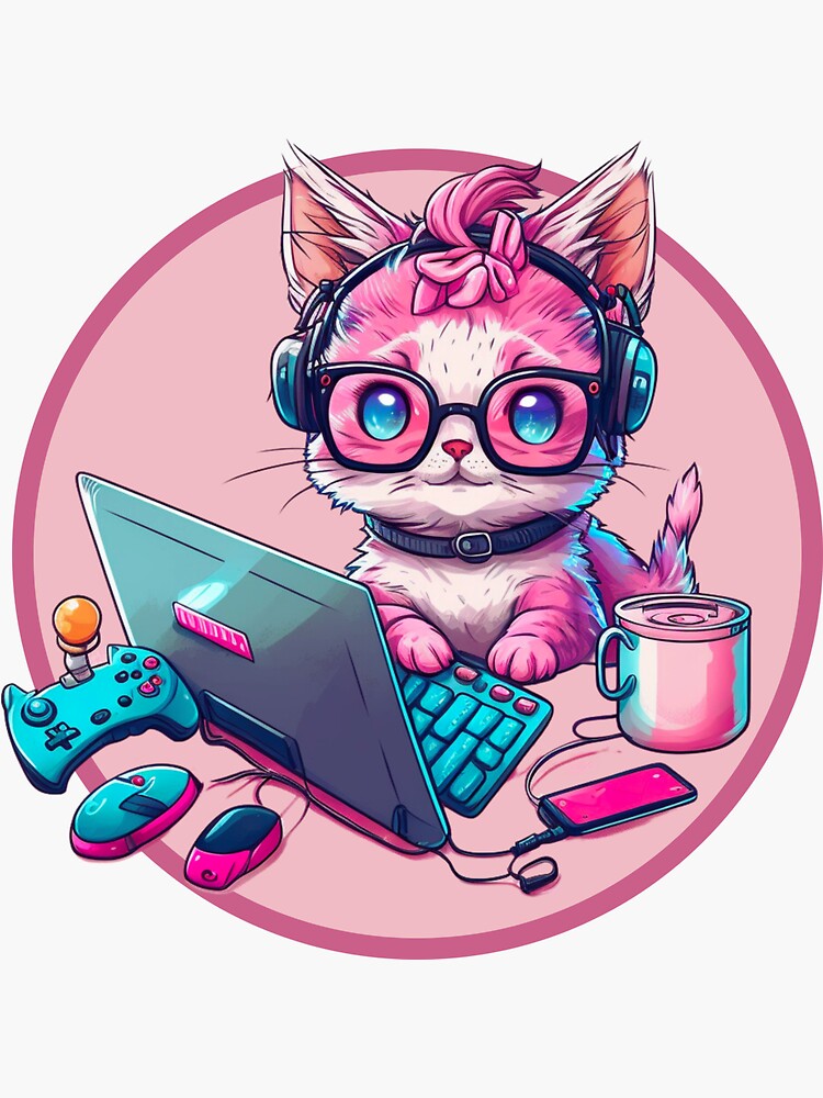 Pink Geek Cat Gaming on PC Gamer Sticker for Sale by PassionPalette