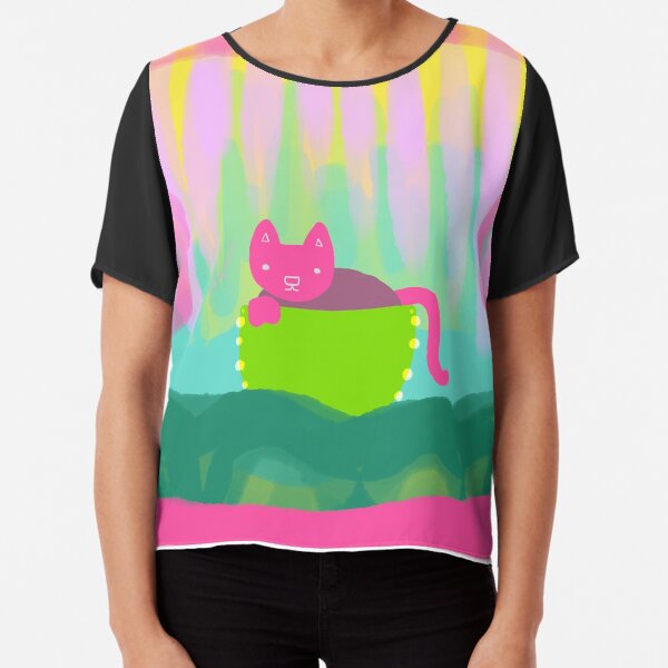 Bright pink cat in a coffee cup Chiffon Top