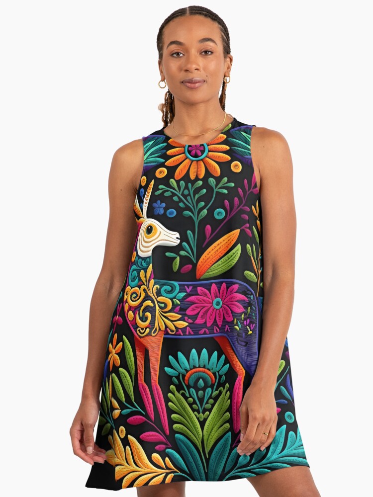 otomi embroidered dress BLACK SLIM DRESS