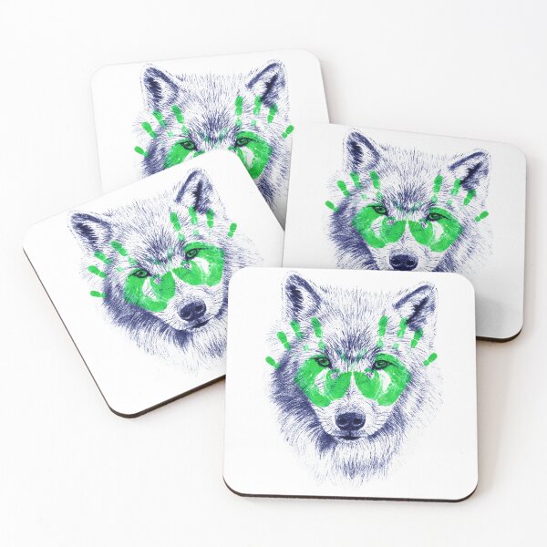 Item preview, Wolf portrait in transparency - blue colorized version and green handprints designed and sold by SylvieG18.
