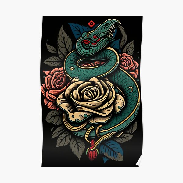 Snake and Rose Tattoo Design Poster