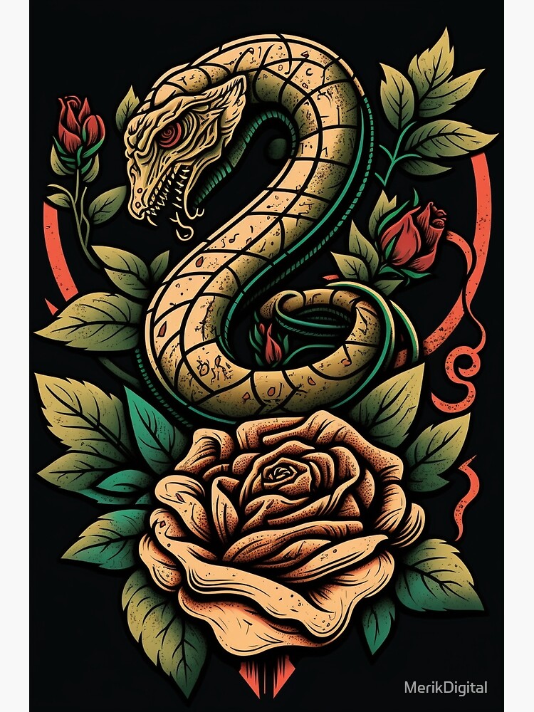 Snake with Roses Tattoo Stencil Vector Stamp Illustration Coloring